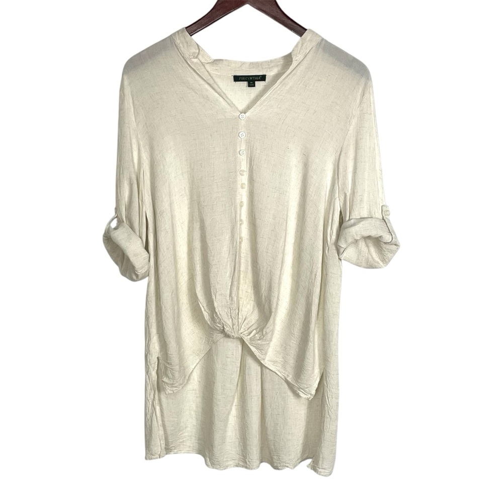 For Cynthia Linen Blend Blouse w/ High-Low Hem and Decorative Front Twist Size M